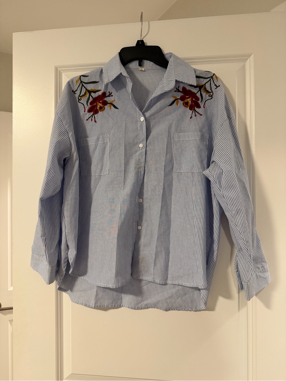 SHEIN Blue & White Striped Button-Down Shirt with Floral Embroidery